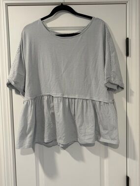 Chic Soul Light Gray & White Stripe Ruffle-Hem Tunic